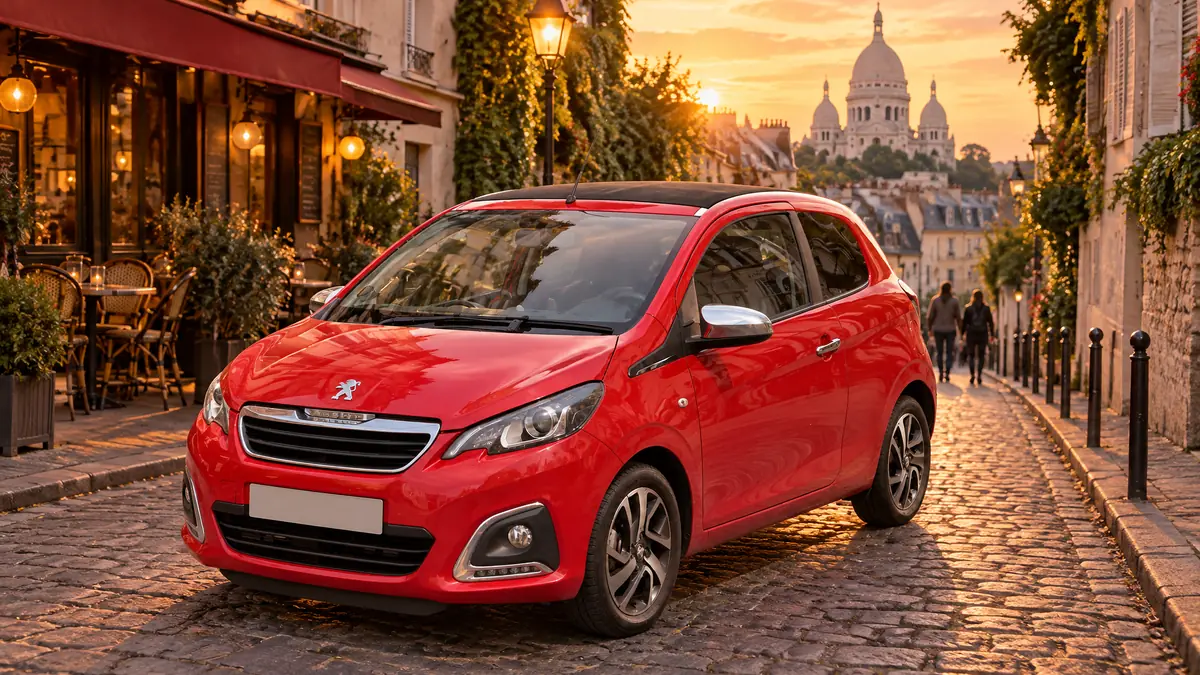 Kırmızı Peugeot 108, Paris'te Montmartre'da Arnavut kaldırımlı bir sokakta, arka planda Sacré-Cœur ile gün batımında