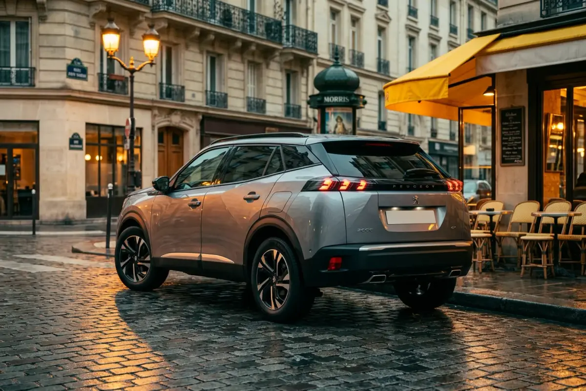 Peugeot 2008'in Paris'te bir kafe önünde arka üç çeyrek görünümü