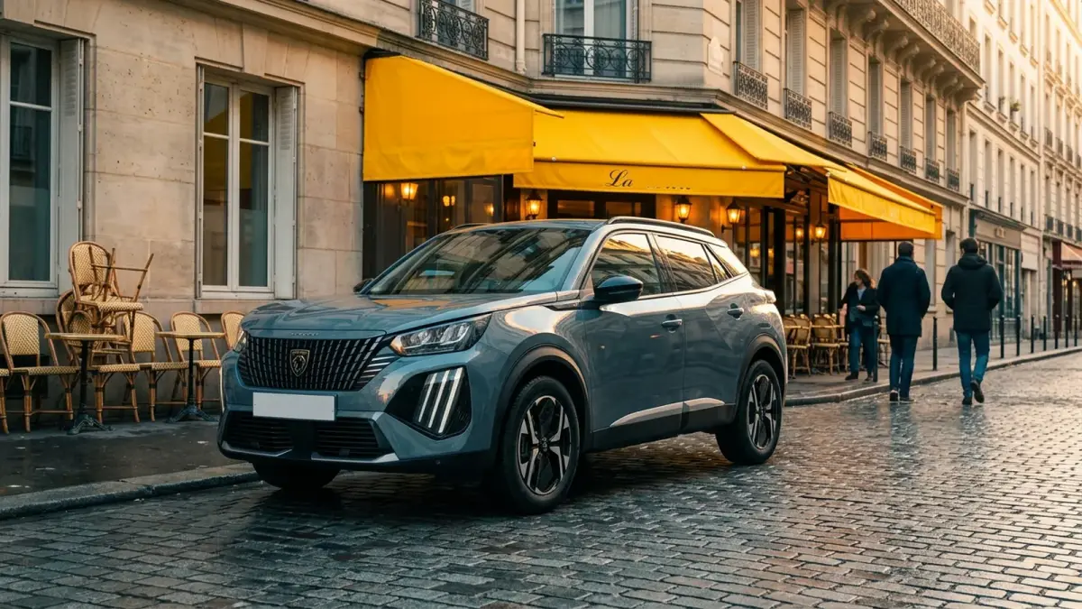 Peugeot 2008, Paris'te bir kafe terasının önünde gün batımında