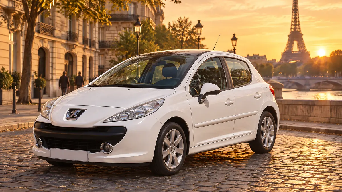 Peugeot 207, Paris'te Seine kıyısında, arka planda Eyfel Kulesi ile gün batımında
