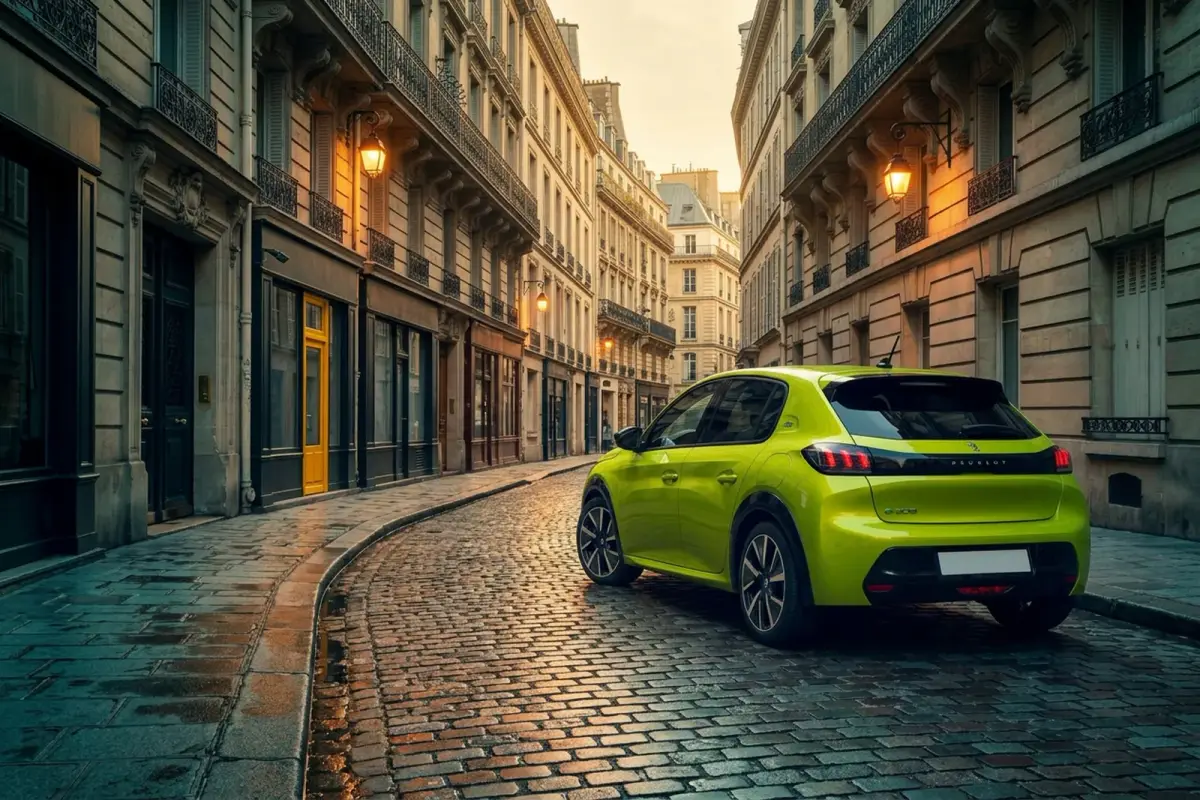 Peugeot 208'in Paris'te dar bir sokakta arka üç çeyrek görünümü