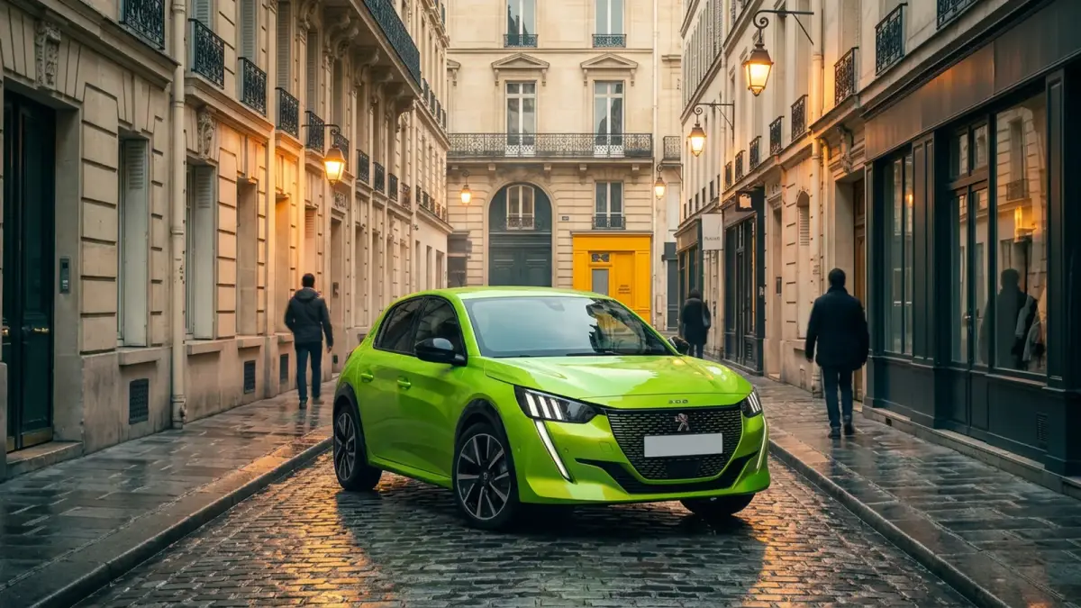 Peugeot 208, Paris'te dar bir sokakta gün batımında