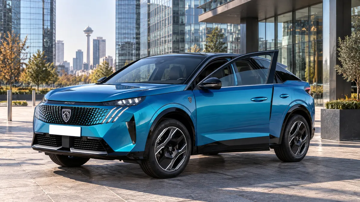 Şehirde gökdelenlerin önünde kapısı açık mavi Peugeot 3008