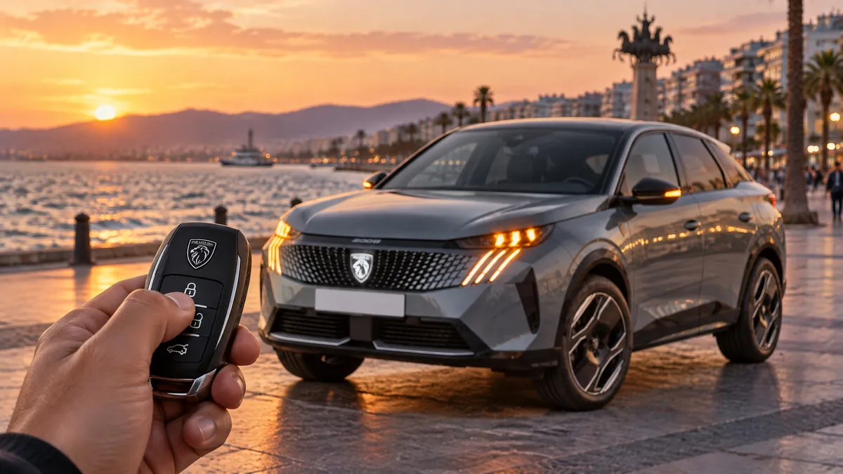 Gün batımında sahil şeridinde gri Peugeot 3008 ve elde tutulan araç anahtarı