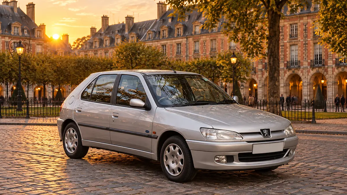 Peugeot 306, Paris'te Marais'deki Place des Vosges meydanında gün batımında