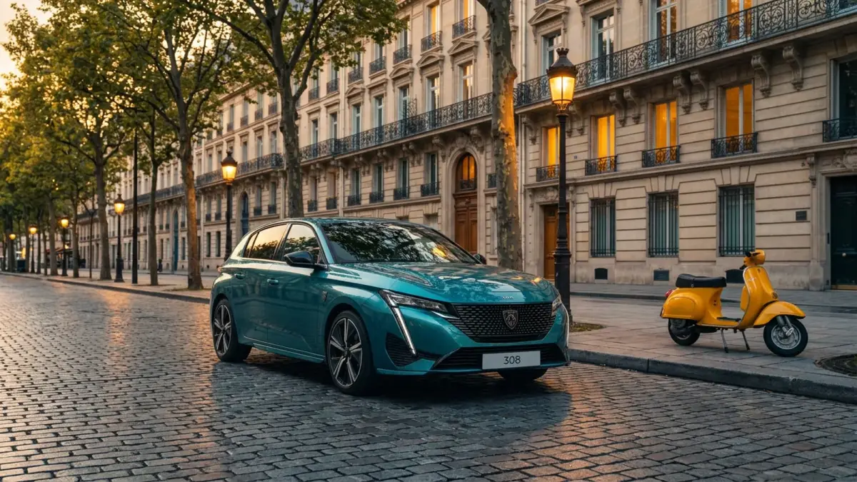 Peugeot 308, Paris'te geniş bir bulvarda gün batımında