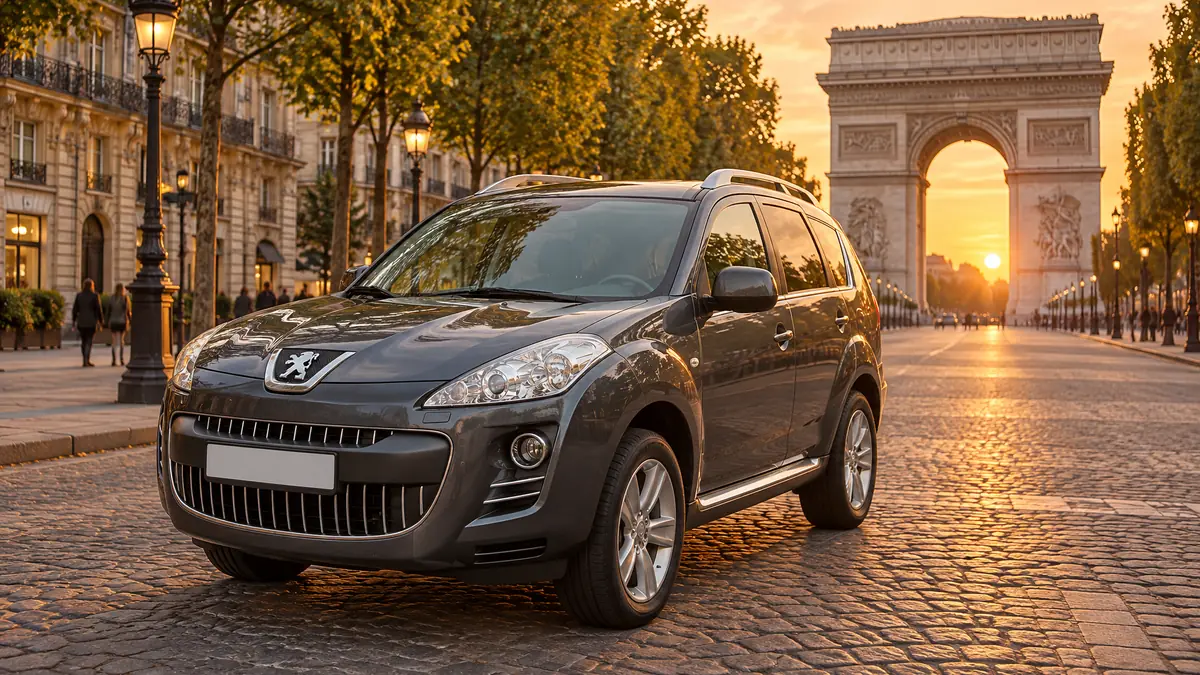 Peugeot 4007, Paris'te Zafer Takı'na uzanan ağaçlı bir caddede gün batımında