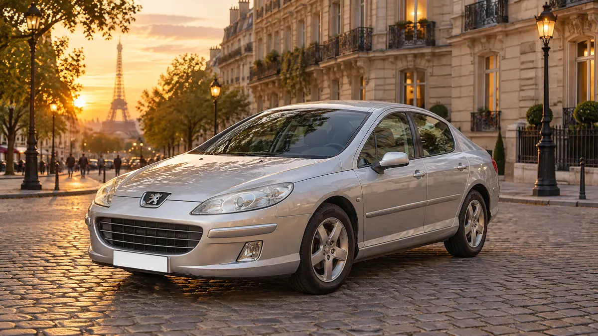 Peugeot 407, Paris'te Eyfel Kulesi'ne bakan taş döşeli bir sokakta gün batımında