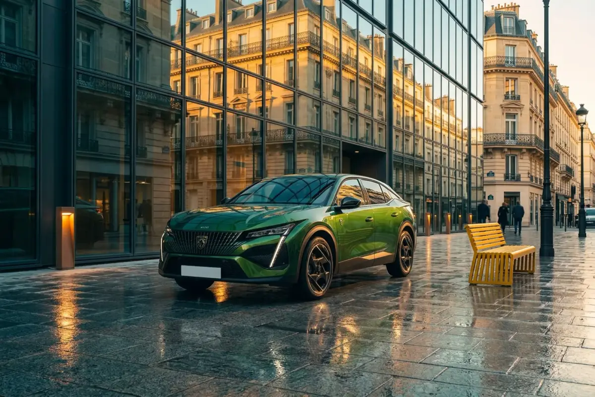 Peugeot 408'in Paris'te modern bir yapının önünde görünümü