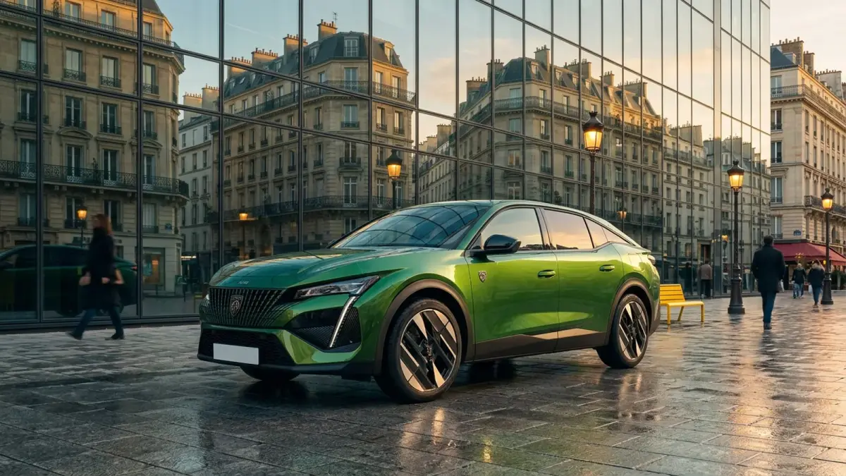 Peugeot 408, Paris'te modern cam bir yapının önünde gün batımında