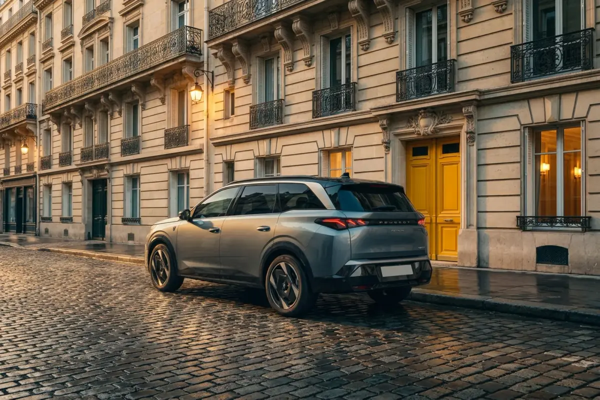 Peugeot 5008'in Paris'te bir aile evinin önünde arka üç çeyrek görünümü