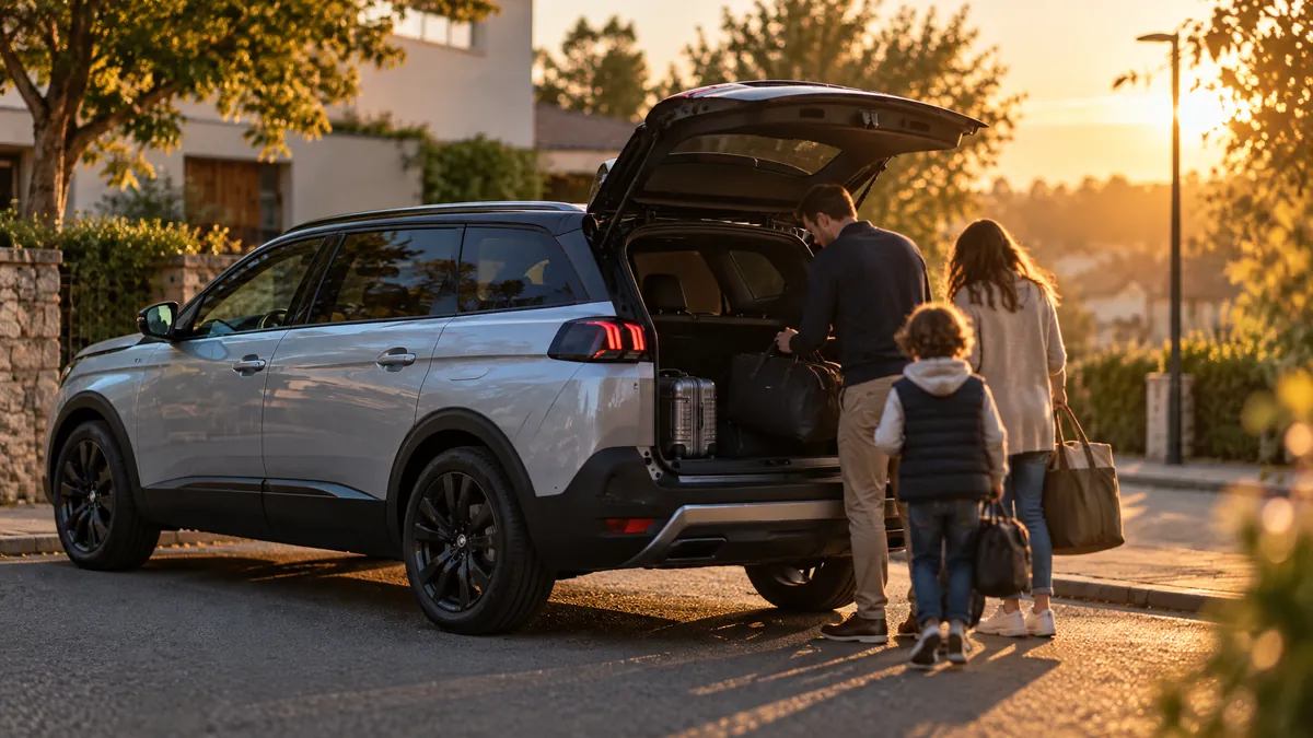 Bagaj kapısı açık Peugeot 5008, gün batımında sakin bir sokakta