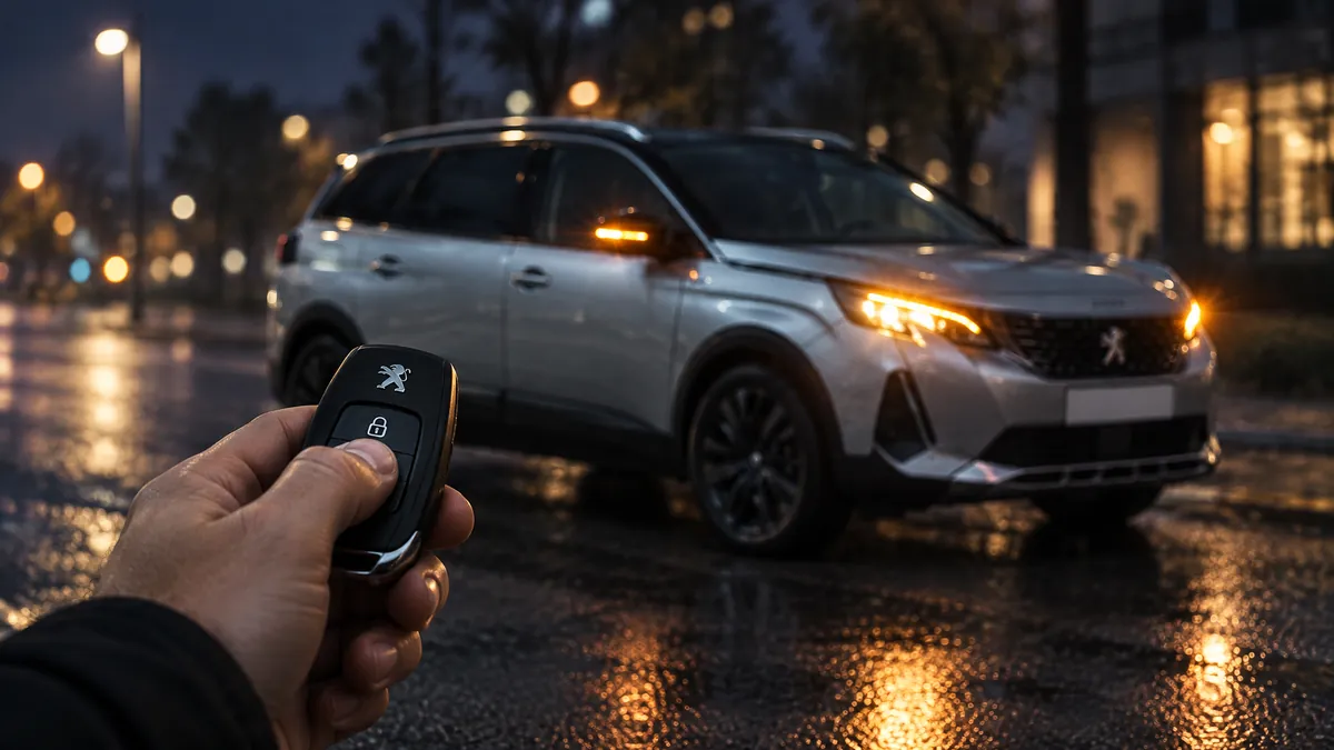 Elde tutulan uzaktan kumandalı anahtar ve arkada kilidi açılan Peugeot 5008