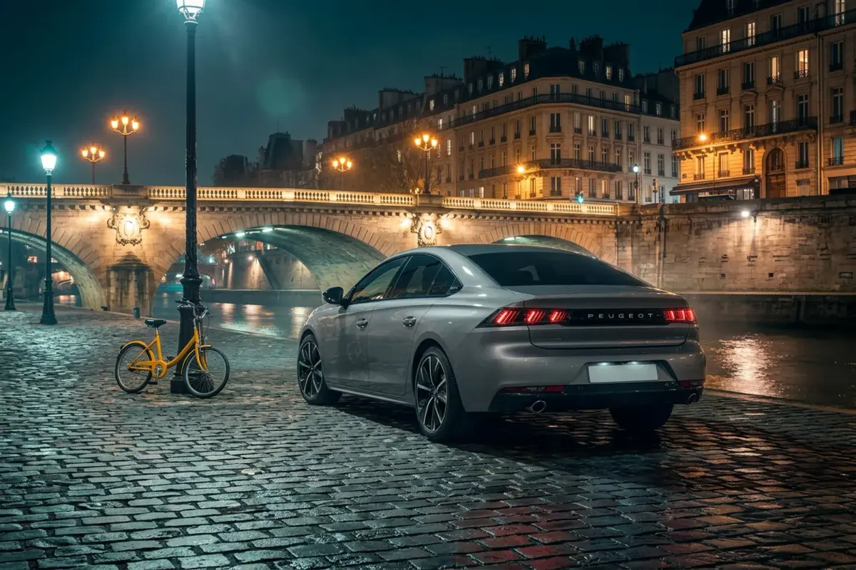 Peugeot 508 Fastback'in Paris'te Seine kıyısında arka üç çeyrek görünümü