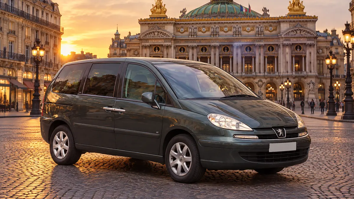 Peugeot 807, Paris'te Opéra Garnier önündeki meydanda gün batımında